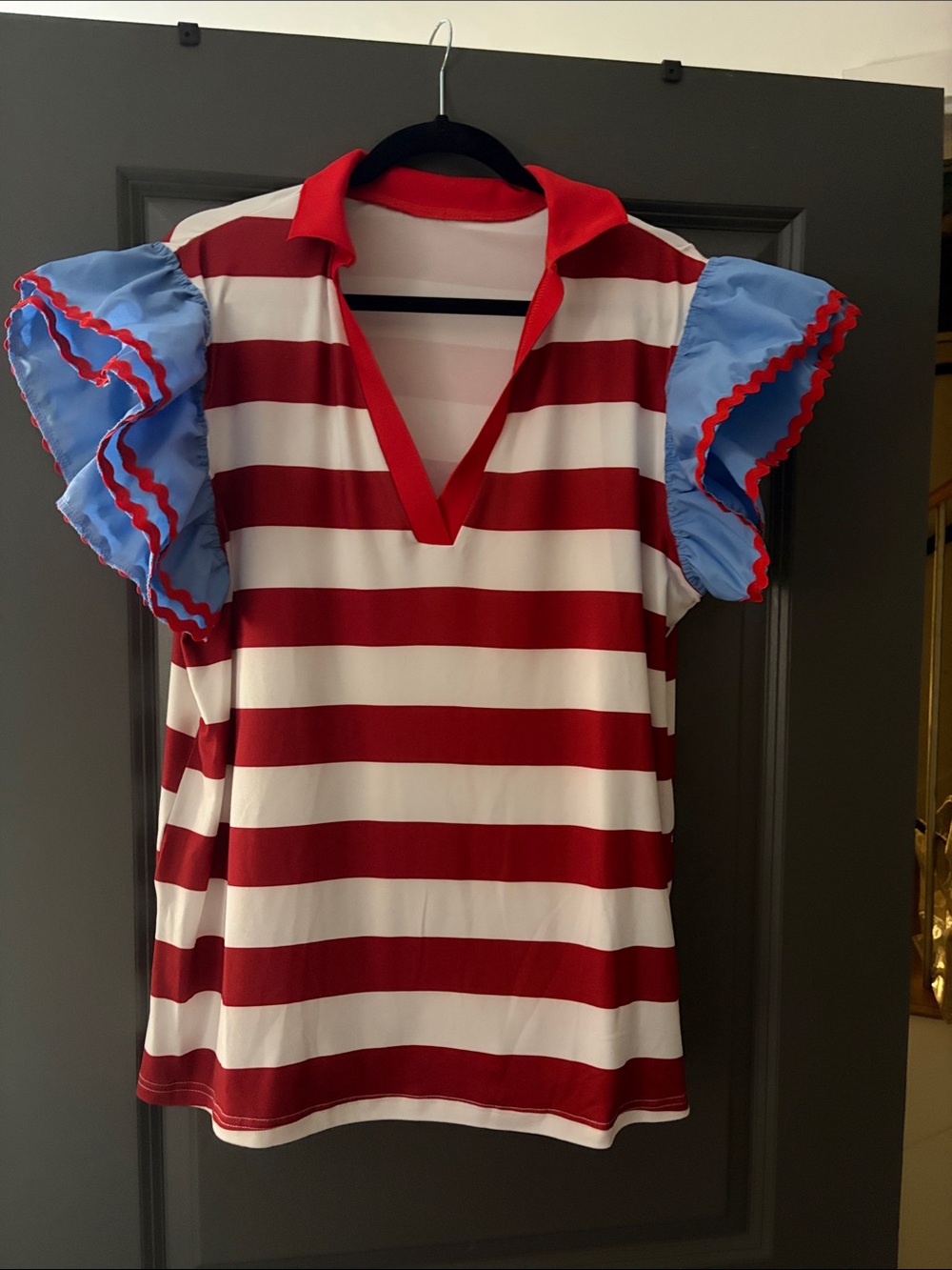 Red & White Striped Top with Blue Ruffle Sleeves